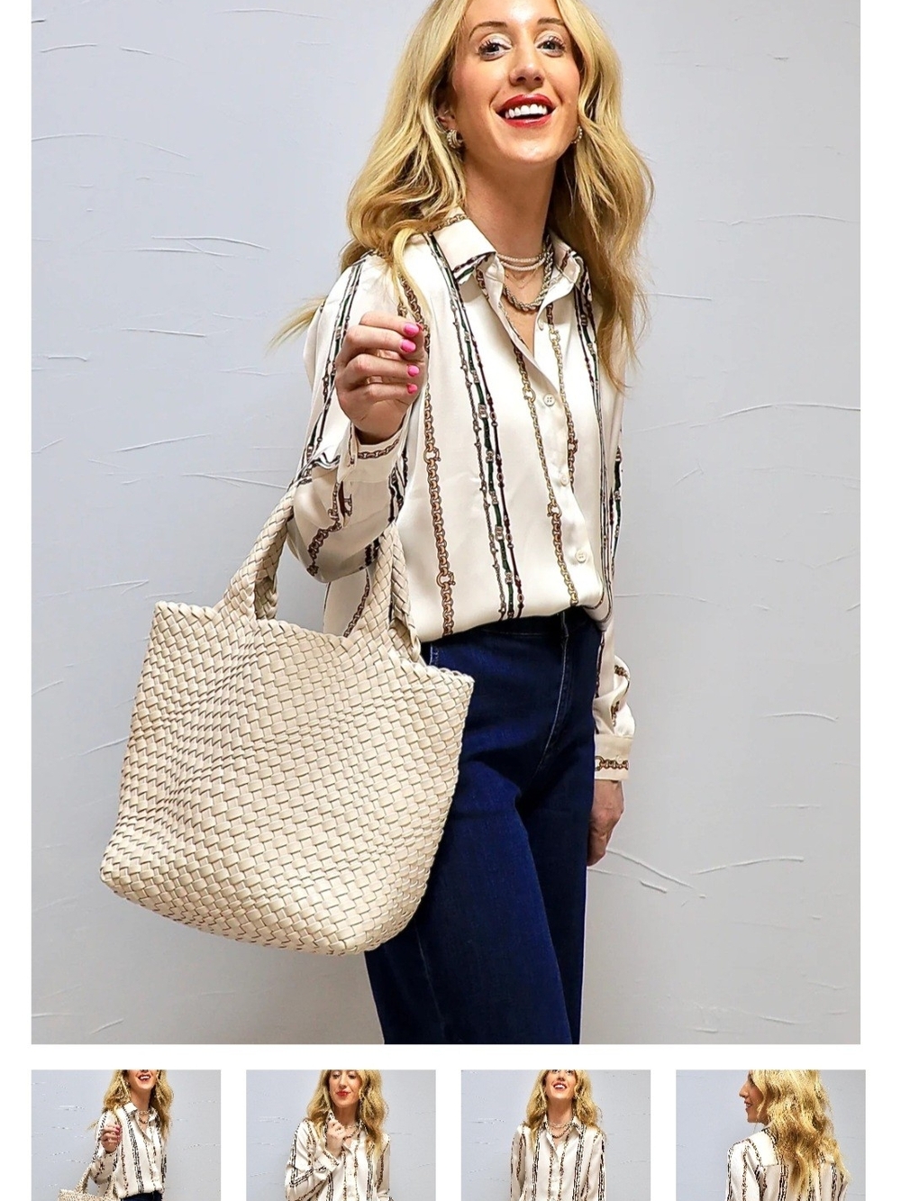 Skies Are Blue Cream Button-Down Shirt with Brown Stripe Detail - Medium